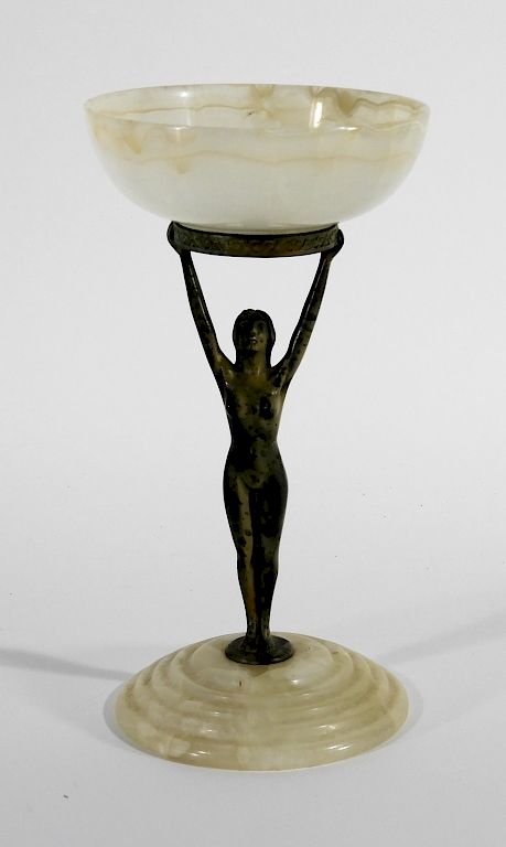 Appraisal: Austrian Art Deco Bronze Onyx Nude Woman Bowl Austria Early