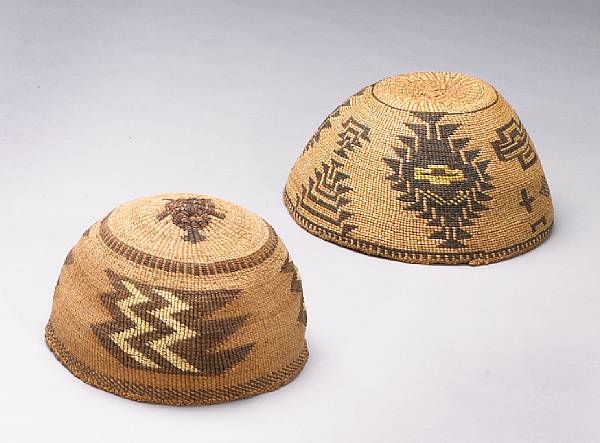 Appraisal: Two Klamath polychrome hats The smaller example with turtle motif