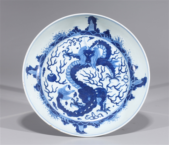 Appraisal: Chinese blue and white porcelain dish with dragon to center