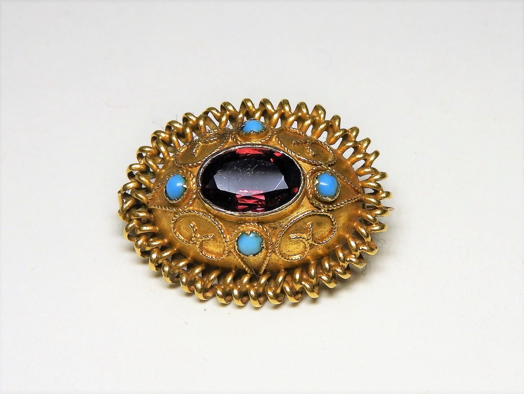 Appraisal: ESTATE KT GOLD GARNET TURQUOISE BROOCH PIN Italy th centuryCenter