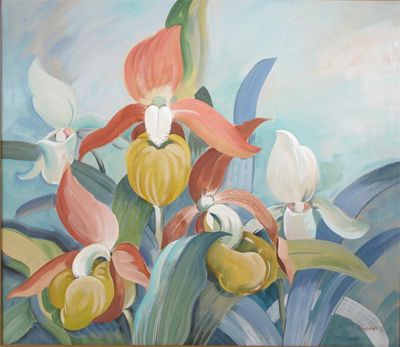 Appraisal: Lady Slipper Orchids' by Jiskowski gouache framed signed and titled