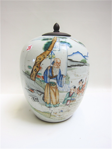 Appraisal: CHINESE HAND ENAMELED CERAMIC GINGER JAR having outdoor genre scene