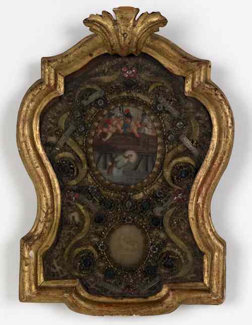 Appraisal: Framed metallic thread plaque th c with a central religious