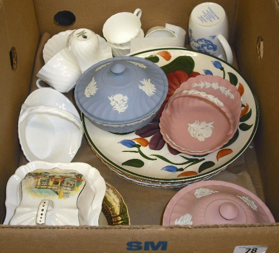 Appraisal: Tray Of Various Pottery to include Pink Jasperware Basket Lidded