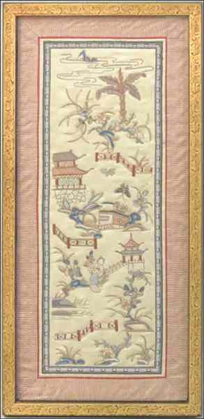 Appraisal: CHINESE EMBROIDERED SILK PANEL Frame '' x '' Condition No