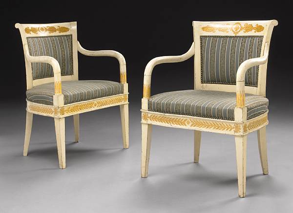 Appraisal: A pair of Directoire paint decorated fauteuils circa The curved