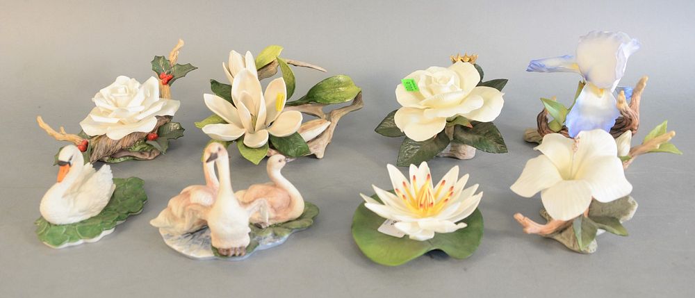 Appraisal: Group of seven Boehm porcelain flowers and swans White Hibiscus