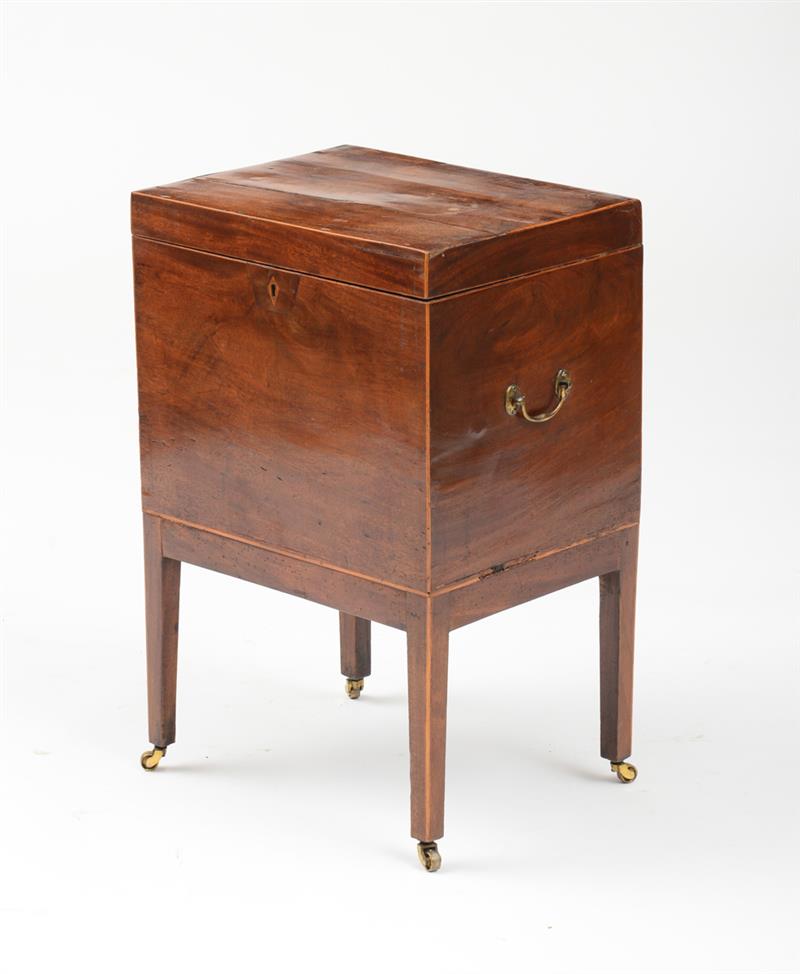 Appraisal: GEORGE III INLAID MAHOGANY CELLARATTE ON STAND The hinged top