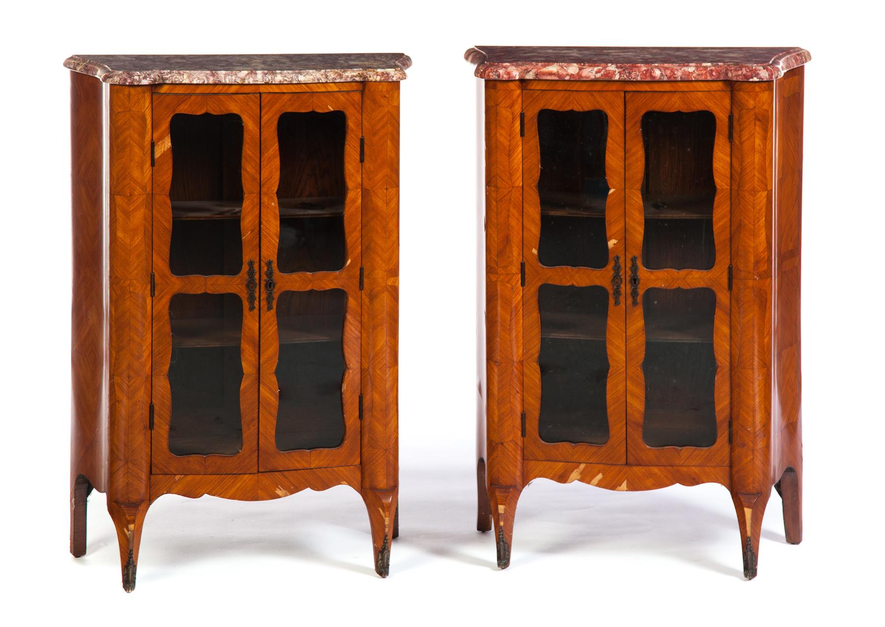 Appraisal: PAIR OF MARBLE TOP MARQUETRY CURIO CABINETS European st half-