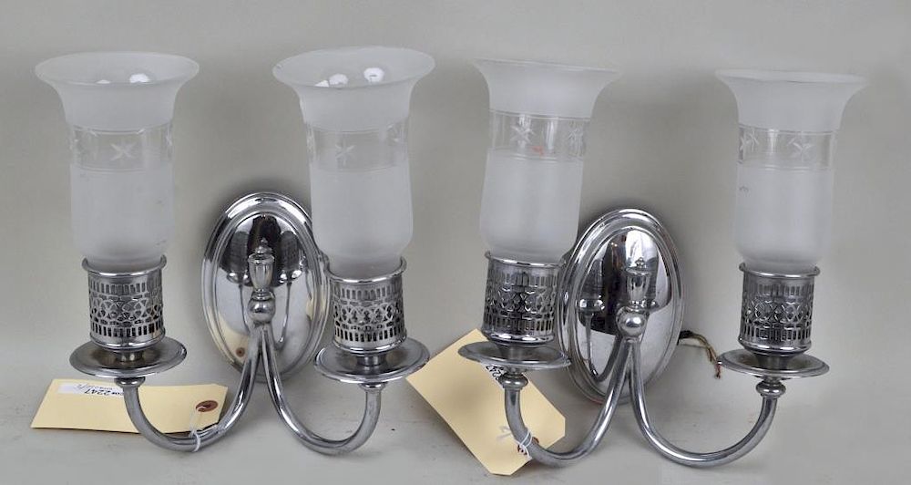 Appraisal: Pair Plated Two-Light Sconces with frosted and cut glass shades