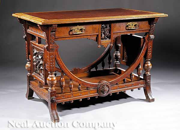 Appraisal: A Good American Aesthetic Carved Walnut Library Table late th