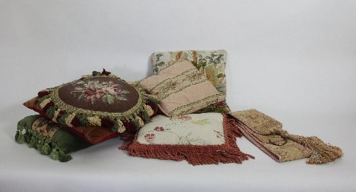 Appraisal: Five antique cushions and a tapestry bell pull