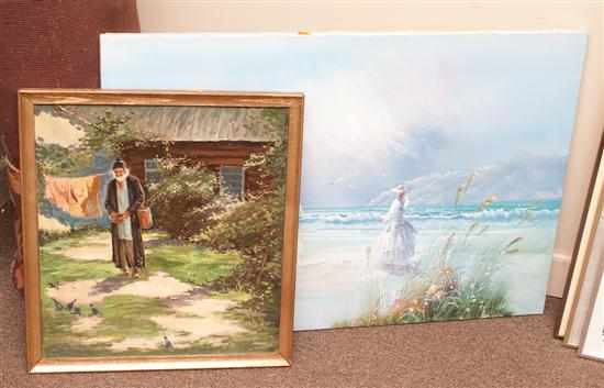 Appraisal: Victorian Seashore acrylic on canvas signed ll and Man Feeding