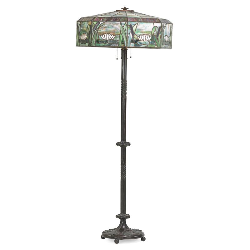 Appraisal: RIVIERE LEADED GLASS FLOOR LAMP Attr Stylized lilypad panels with