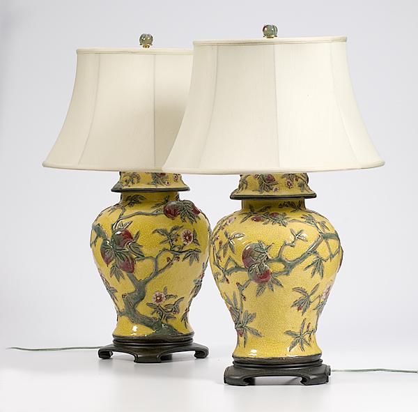 Appraisal: PAIR OF MAJOLICA GINGER JAR LAMPS Italian Majolica ginger jars