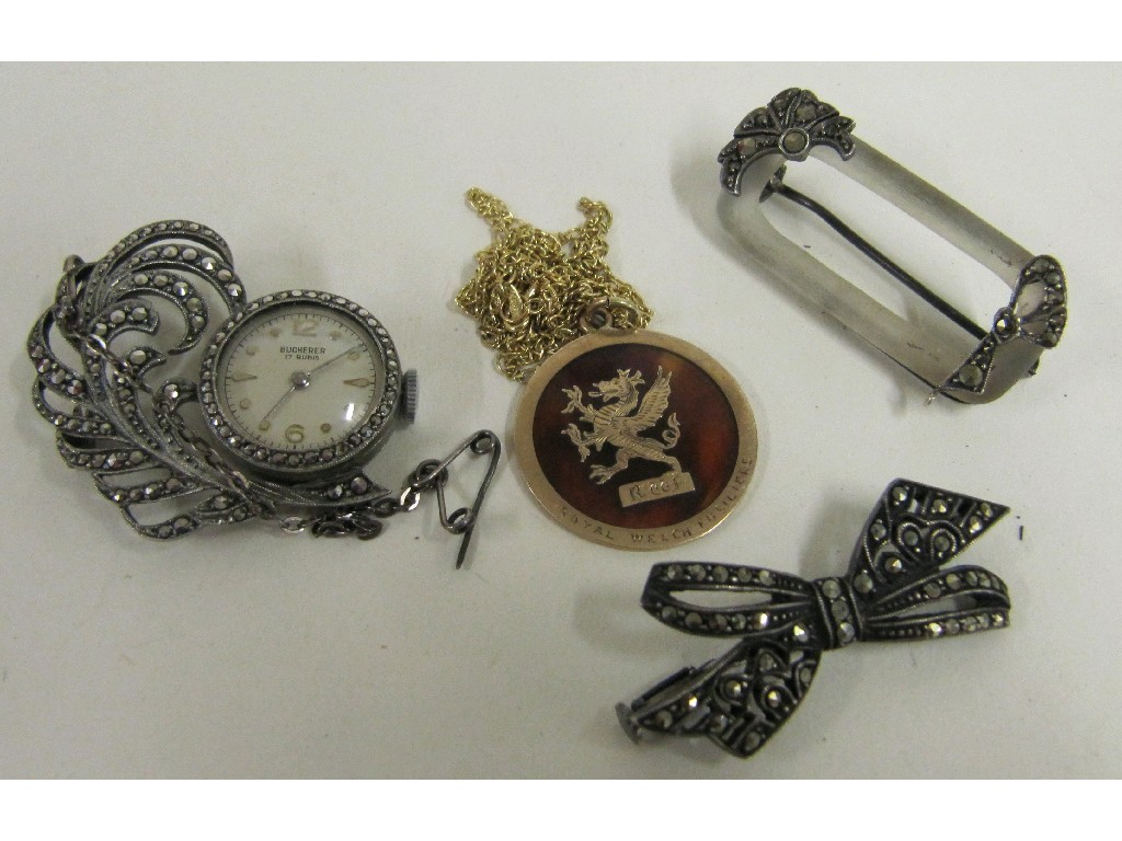 Appraisal: Lot comprising a silver and marcasite leaf brooch watch by