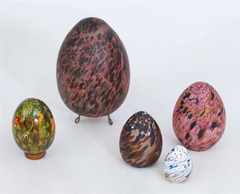 Appraisal: GROUP OF FOUR SPECKLED GLASS EGGS AND A PERSIAN STYLE