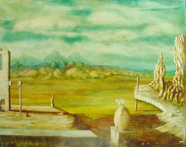 Appraisal: Stralen - Surrealist oil onto board To the Landscape monogrammed