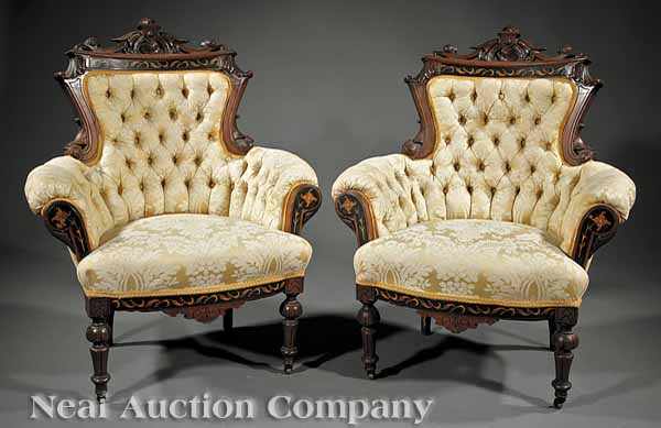 Appraisal: A Pair of American Renaissance Carved Walnut Inlaid and Ebonized