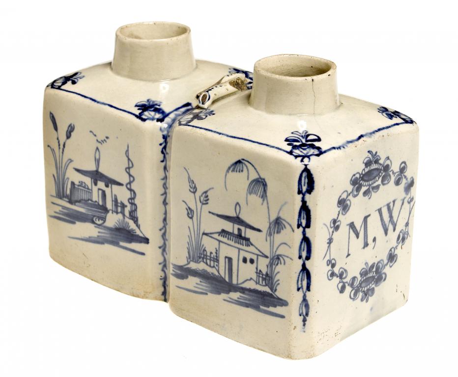 Appraisal: A RARE PEARLWARE DOUBLE TEA CANISTER painted in cobalt with