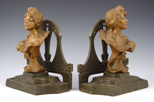 Appraisal: PAIR OF CAST IRON ART NOUVEAU FIGURAL BOOKENDS Cold painted