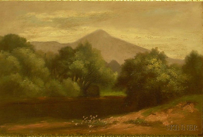 Appraisal: Framed American School Oil on Panel Landscape with Mountains unsigned