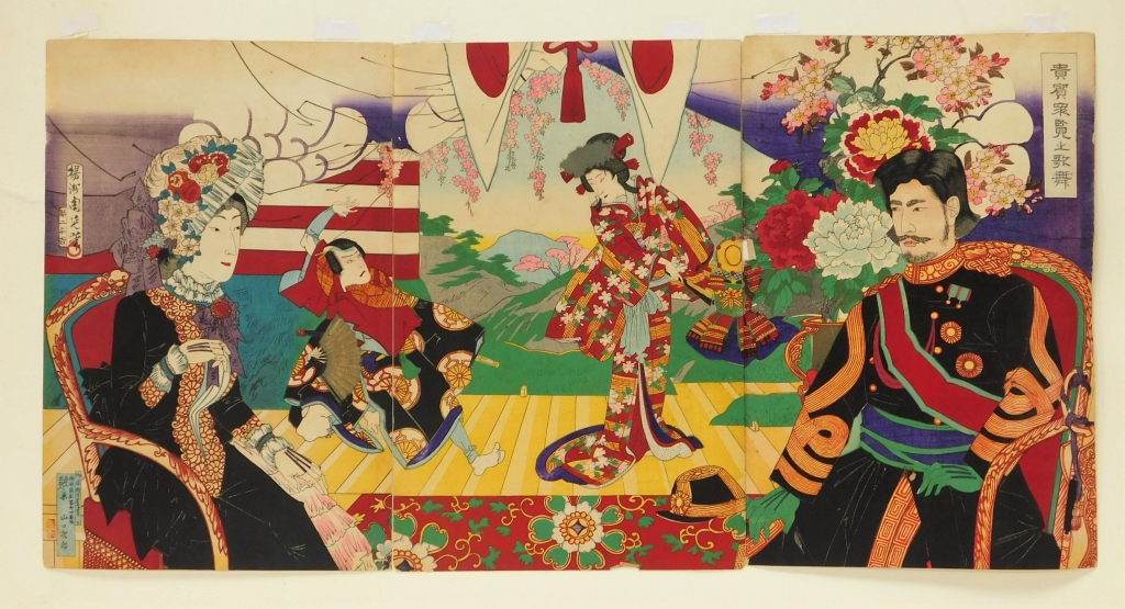 Appraisal: CHIKANOBU TOYOHARA KABUKI THEATER TRIPTYCH Japan - Ukiyo-e print of