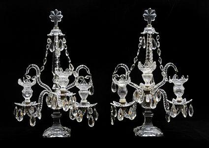 Appraisal: PAIR OF GEORGE III-STYLE CUT-GLASS THREE-LIGHT CANDELABRA Each with central