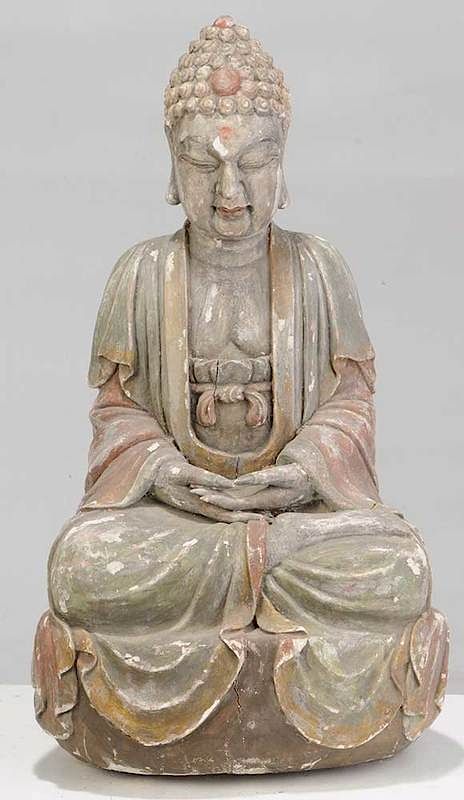 Appraisal: Large Carved Polychrome Figure of Seated Buddha Chinese Qing dynasty