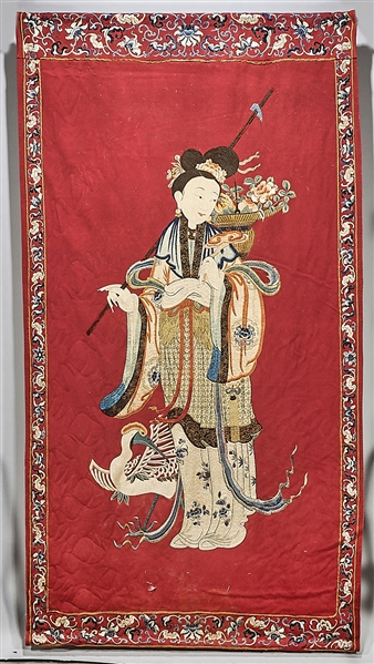 Appraisal: th century hanging Chinese embroidered tapestry of a beauty with