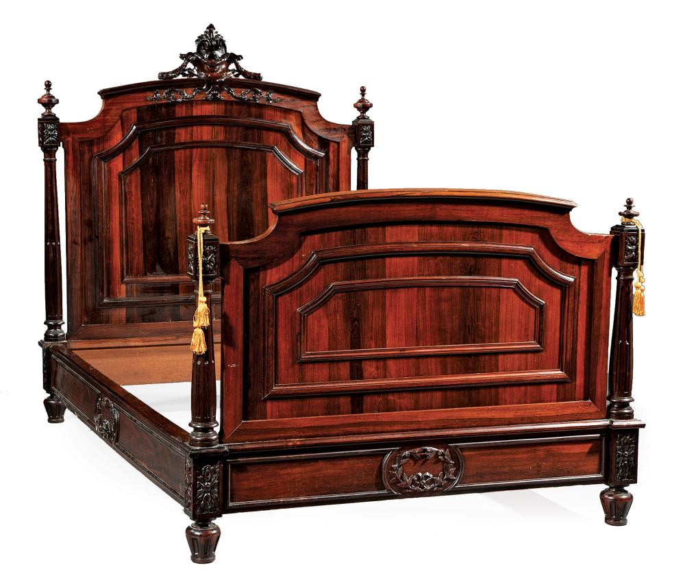 Appraisal: French Carved Rosewood Bed swagged acanthine crest turned finials paneled