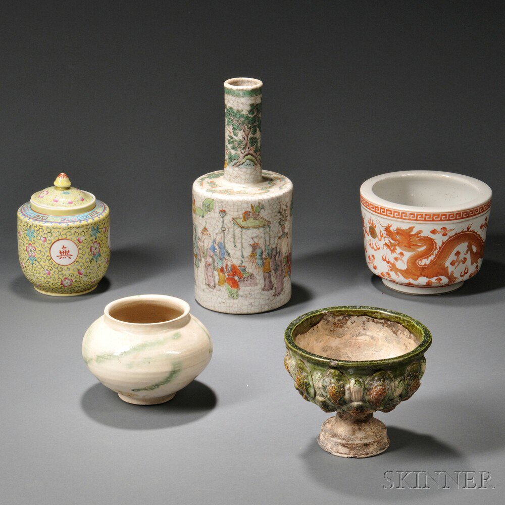 Appraisal: Five Ceramic Items China a famille rose covered jar a