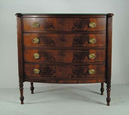 Appraisal: FINE MAHOGANY INLAID BOWFRONT SHERATON CHEST reeded side columns extended