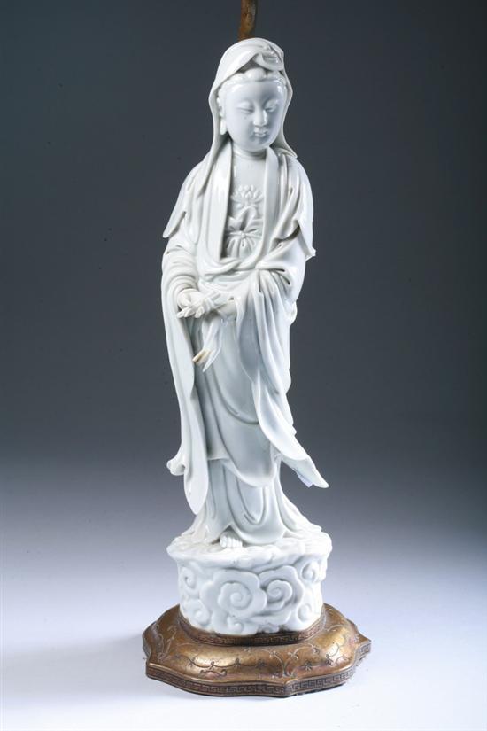 Appraisal: CHINESE BLANC-DE-CHINE FIGURE OF GUANYIN Qing Dynasty Mounted as lamp