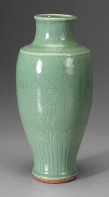 Appraisal: Chinese longquan celadon vase spade shaped etched peonies between triangle