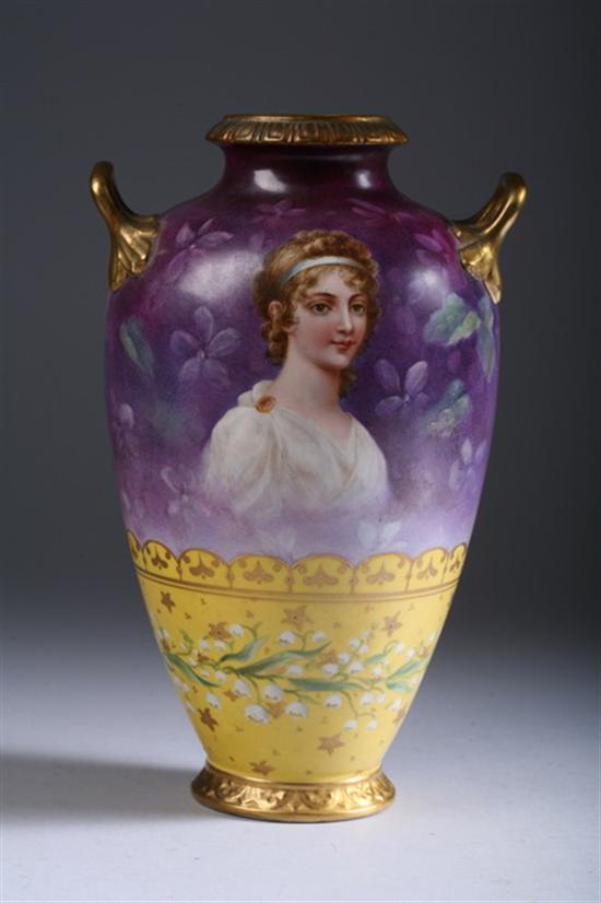 Appraisal: ROYAL BONN PORCELAIN HANDLED VASE late th century Printed and