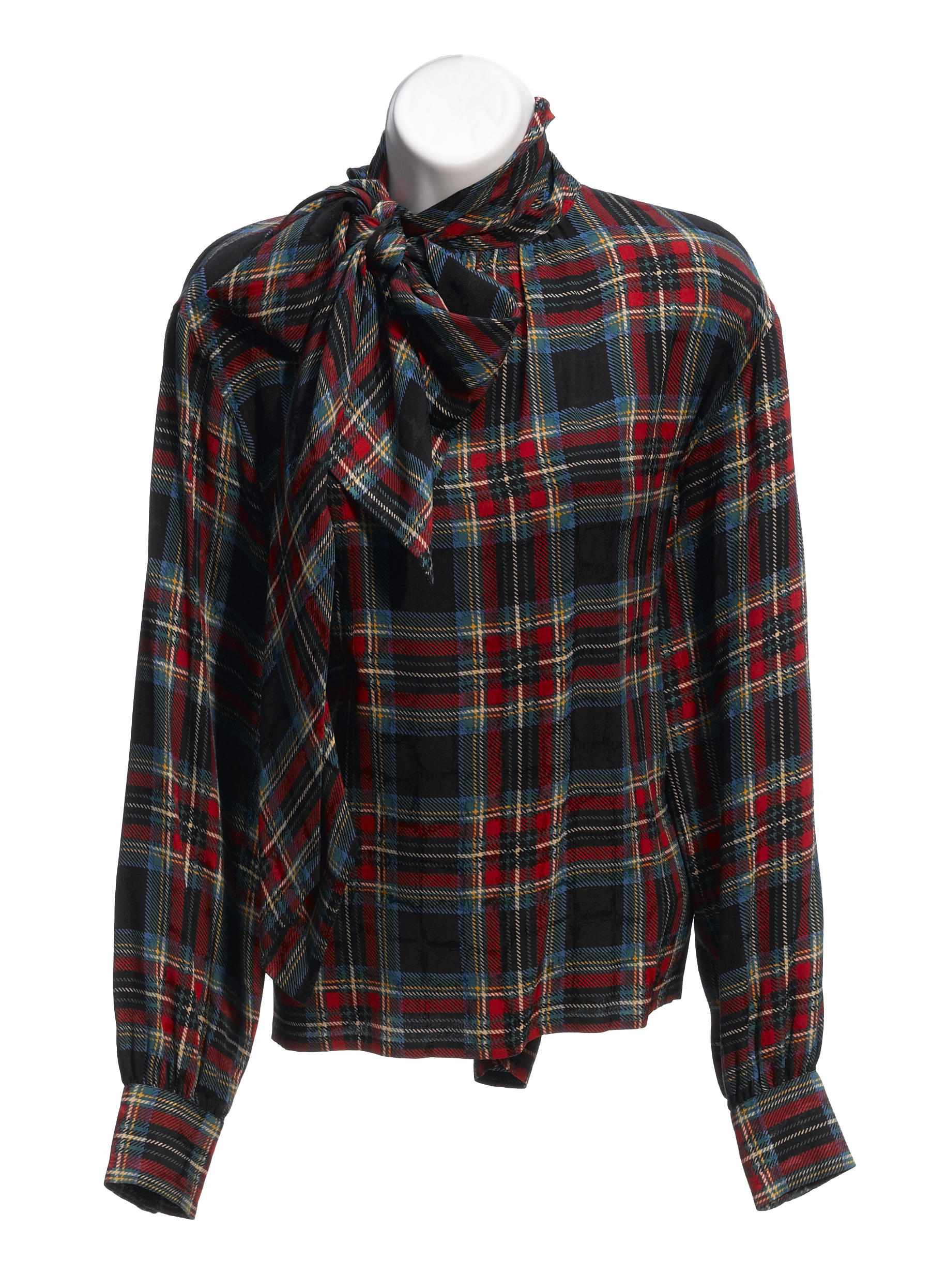 Appraisal: An Yves St Laurent plaid long sleeve silk blouse size