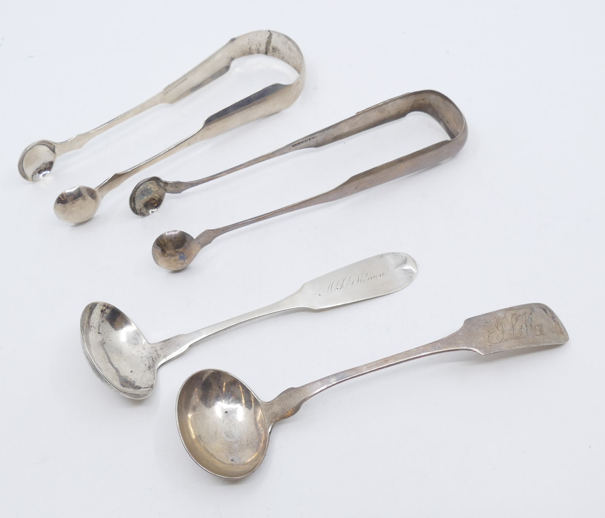 Appraisal: pc American Coin Silver Tongs and Ladles- g TW Includes