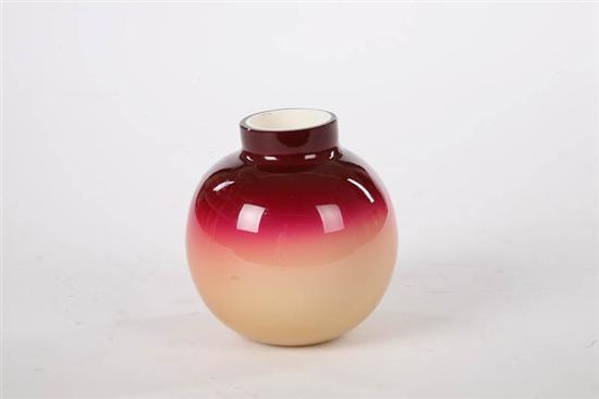 Appraisal: CASED PEACHBLOW VASE Possibly Wheeling Bulbous form with a cylindrical