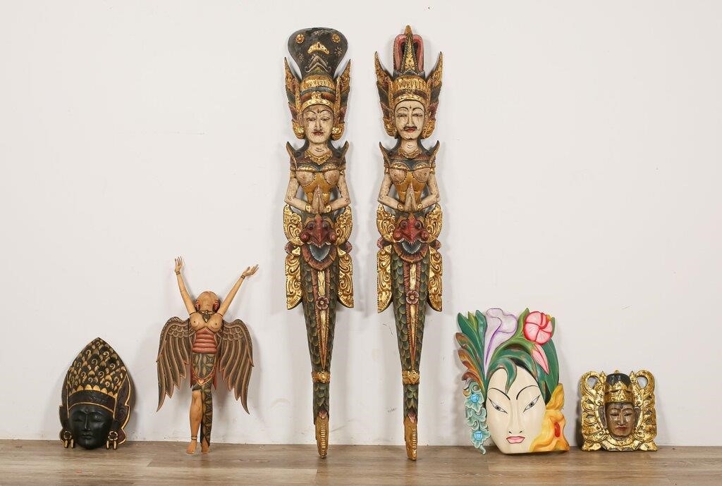 Appraisal: BALINESE WOOD MASKS AND SCULPTURES Balinese wood masks and statues