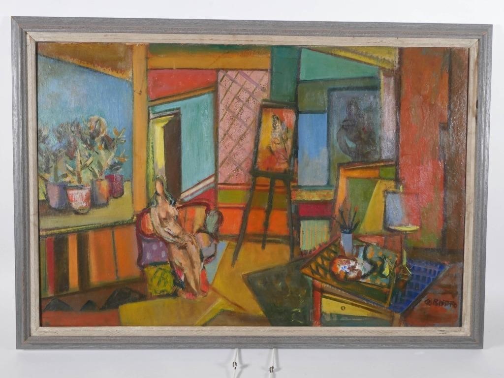 Appraisal: Oil on board painting of the interior of a studio