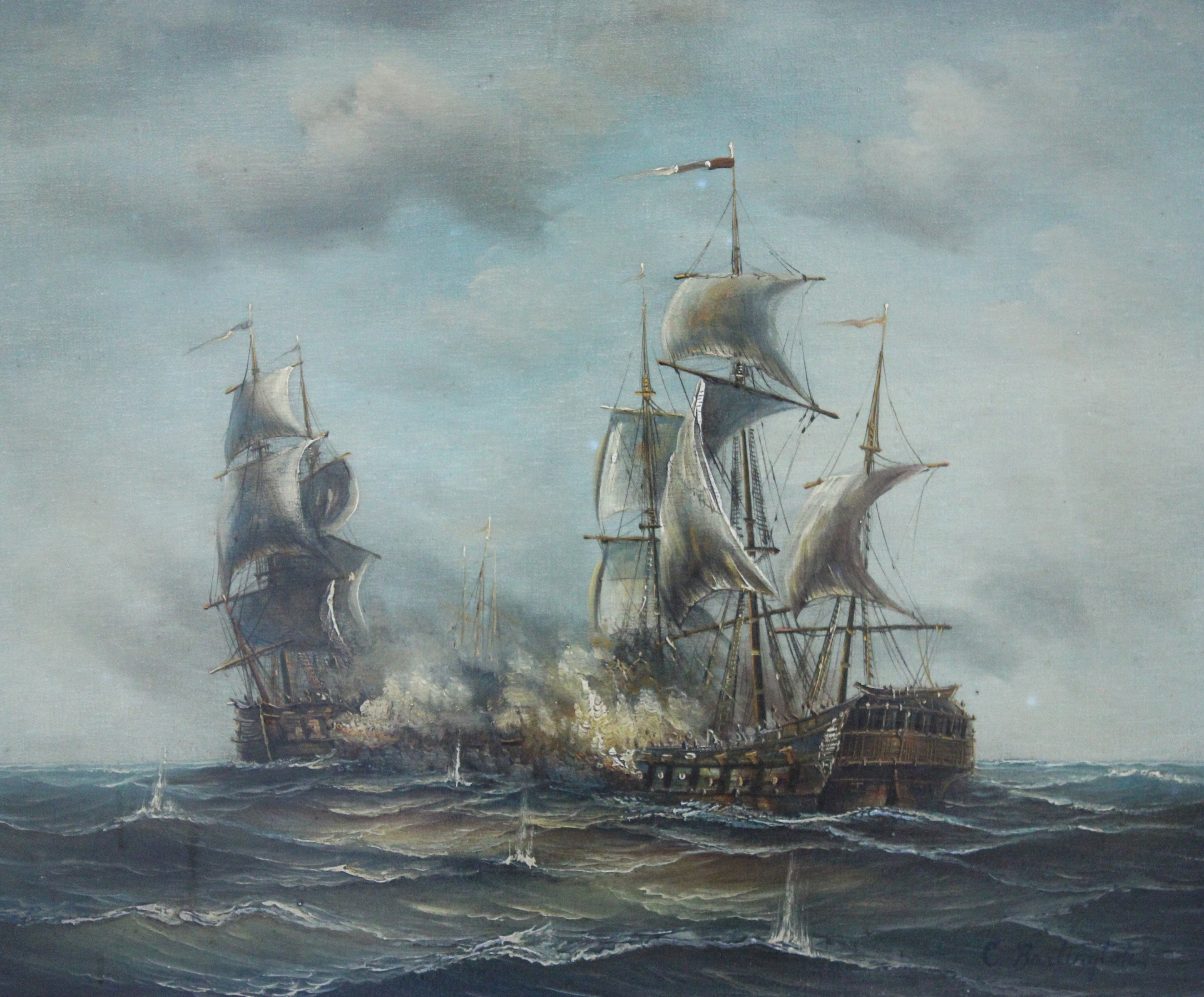 Appraisal: NAVAL BATTLESHIP OIL PAINTING Naval battleship oil painting depicting two