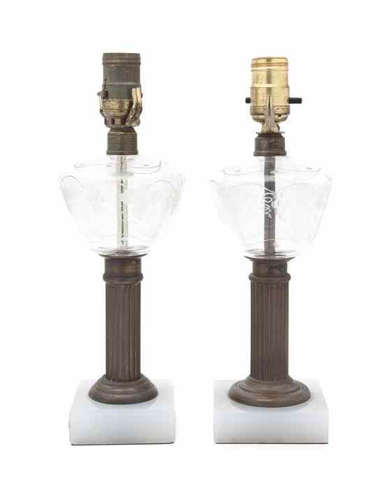 Appraisal: A Pair of Victorian Etched Glass Lamps each having a