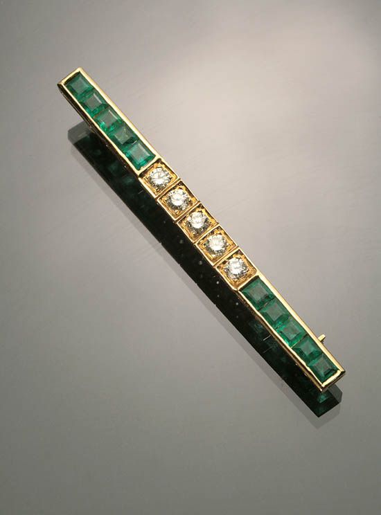 Appraisal: Tested -Karat Yellow-Gold Emerald and Diamond Bar Pin Set with