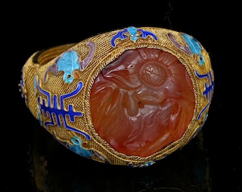 Appraisal: Chinese Gilded Sterling Silver Enamel and Carved Agate Bracelet This