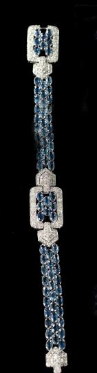 Appraisal: Lady's Fourteen-Karat White Gold Sapphire and Diamond Art Deco-Style Bracelet