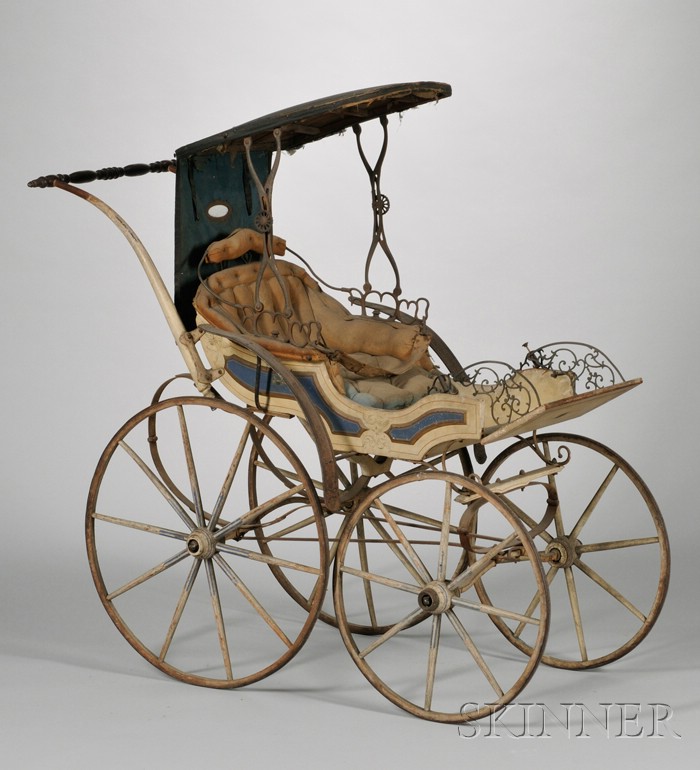 Appraisal: th Century Polychrome Paint-decorated Wood and Iron Baby Carriage with