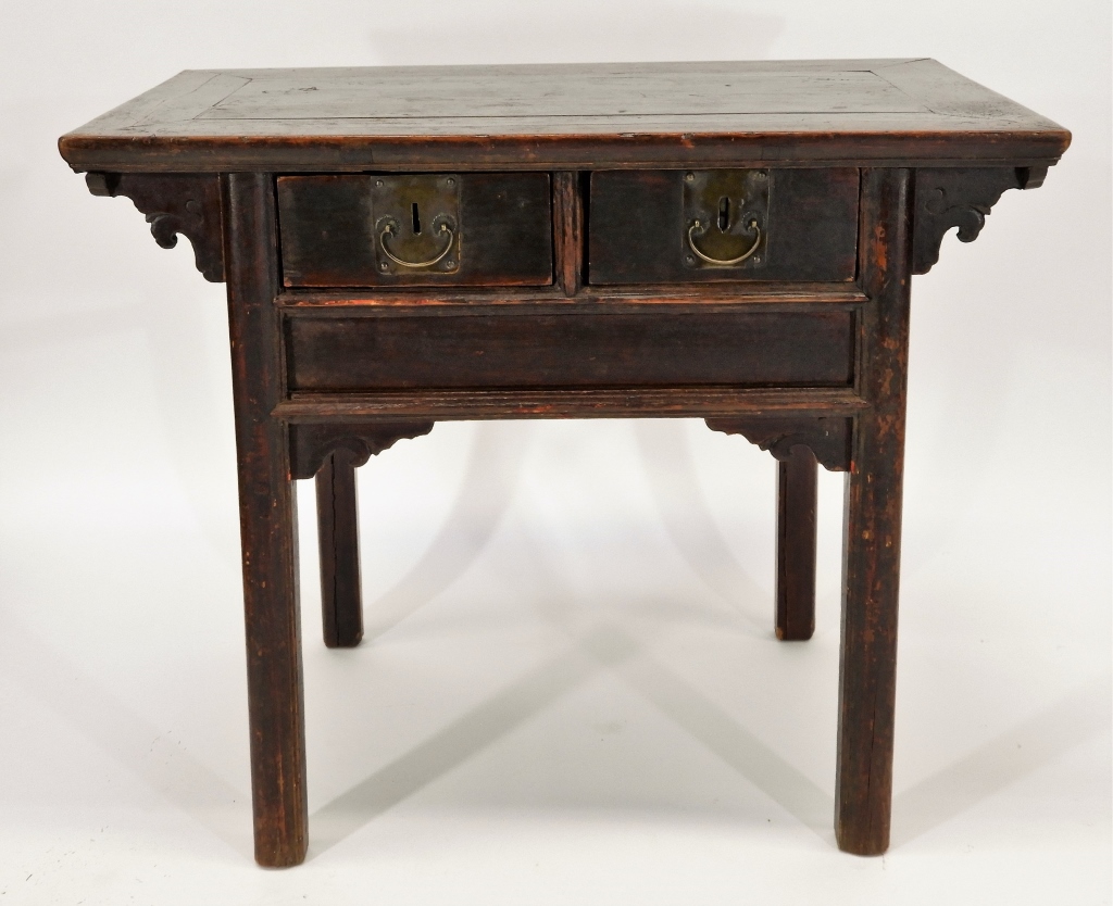 Appraisal: CHINESE HARDWOOD TWO DRAWER ALTER TABLE China Early th CenturyFive