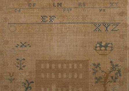 Appraisal: NEEDLEWORK SAMPLER WITH LARGE HOUSE EARLY NINETEENTH CENTURY Silk on