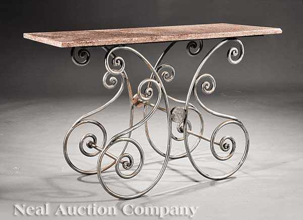 Appraisal: A French Polished Steel Baker's Table rectangular marble top scrolled